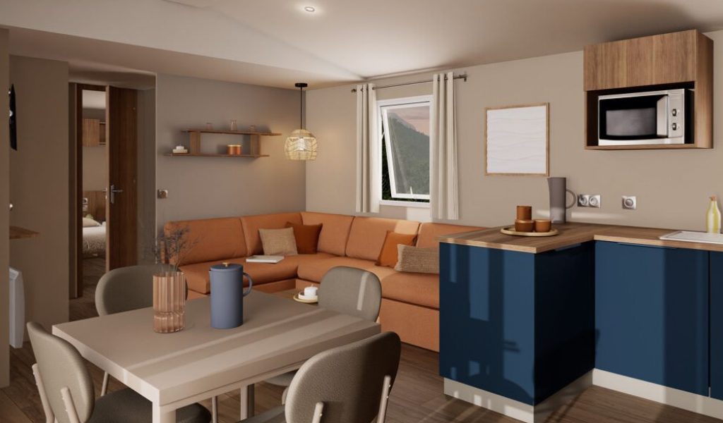 Mobil-home neuf IRM Lilas 2026 à vendre du côté de Fort-mahon, salon
